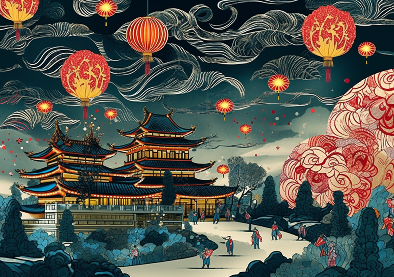 庭院内放飞天灯中国风国潮古典中国传统文化背景插画,插画/手绘图,插画/手绘图库,插画/手绘图下载,插画/手绘